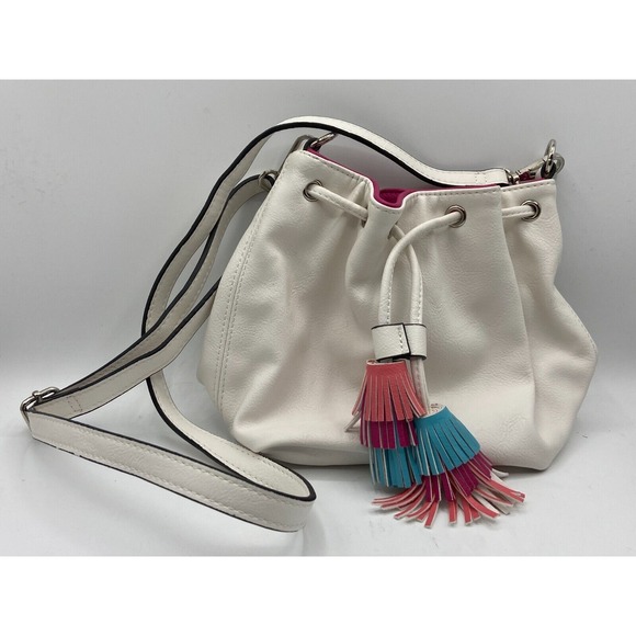 Candies White Purse with Blue & Pink Fringed Tassels & Magnet Closure Boho Chic - Picture 1 of 3